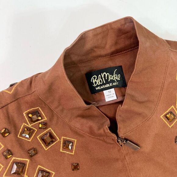 Bob Mackie Wearable Art Jacket Womens 1X Brown Cotton Embellished Gems Full Zip - Picture 3 of 11